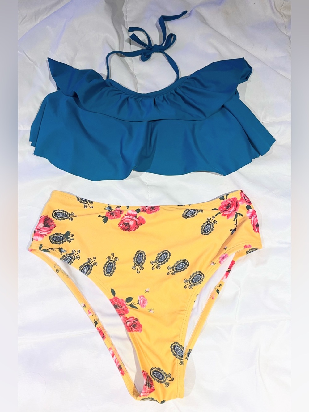 🌞 Bundle 3/$12 Teal Ruffle Flounce Bikini Top with Yellow Floral High-Waist Bott